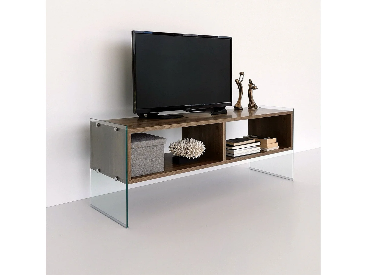 Meuble TV 2 étagères Doris L120xH35cm Bois foncé et Verre trempé Transparent