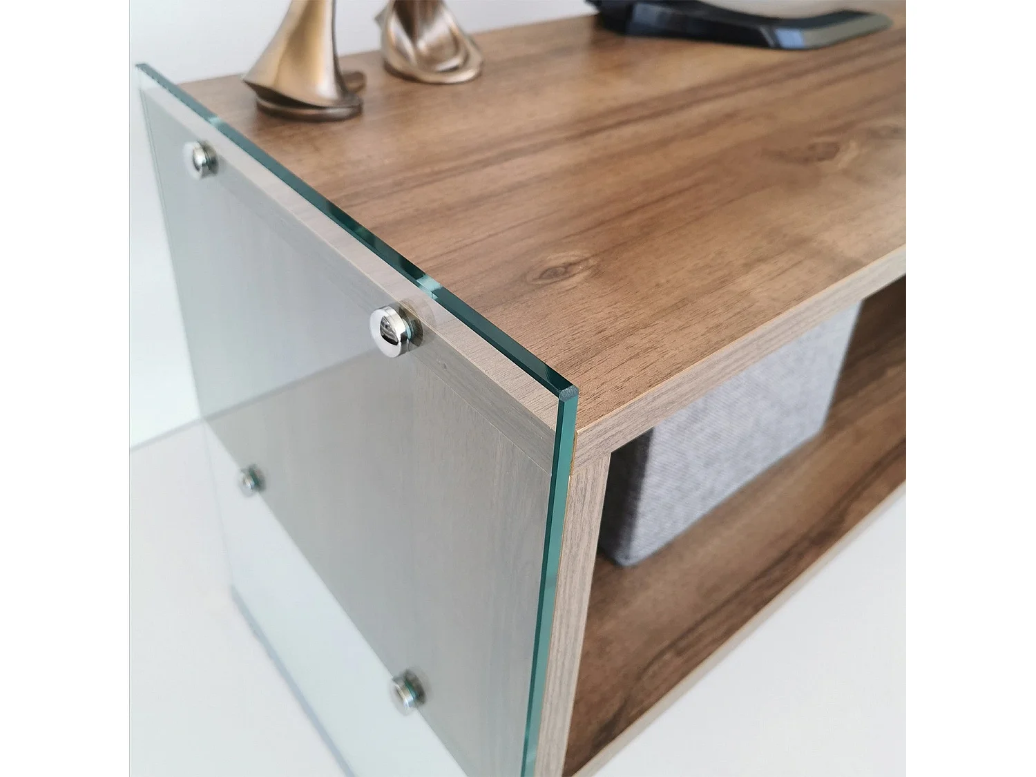 Meuble TV 2 étagères Doris L120xH35cm Bois foncé et Verre trempé Transparent