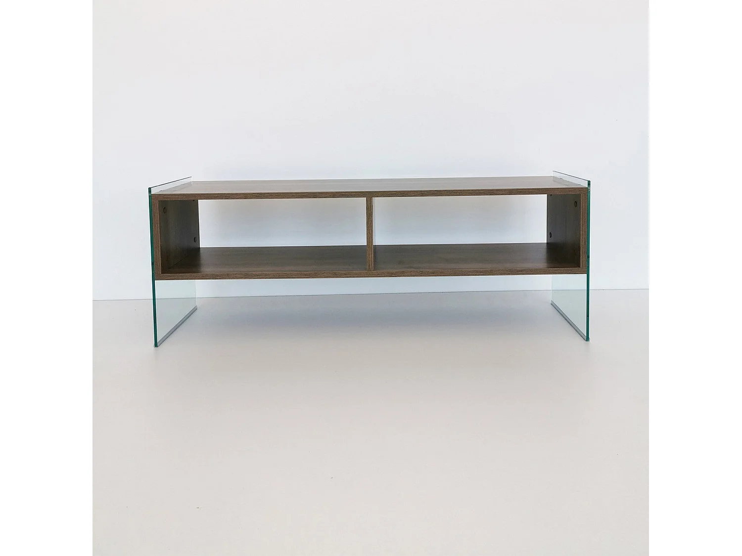 Meuble TV 2 étagères Doris L120xH35cm Bois foncé et Verre trempé Transparent