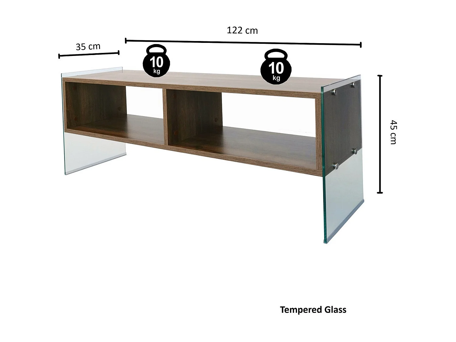 Meuble TV 2 étagères Doris L120xH35cm Bois foncé et Verre trempé Transparent
