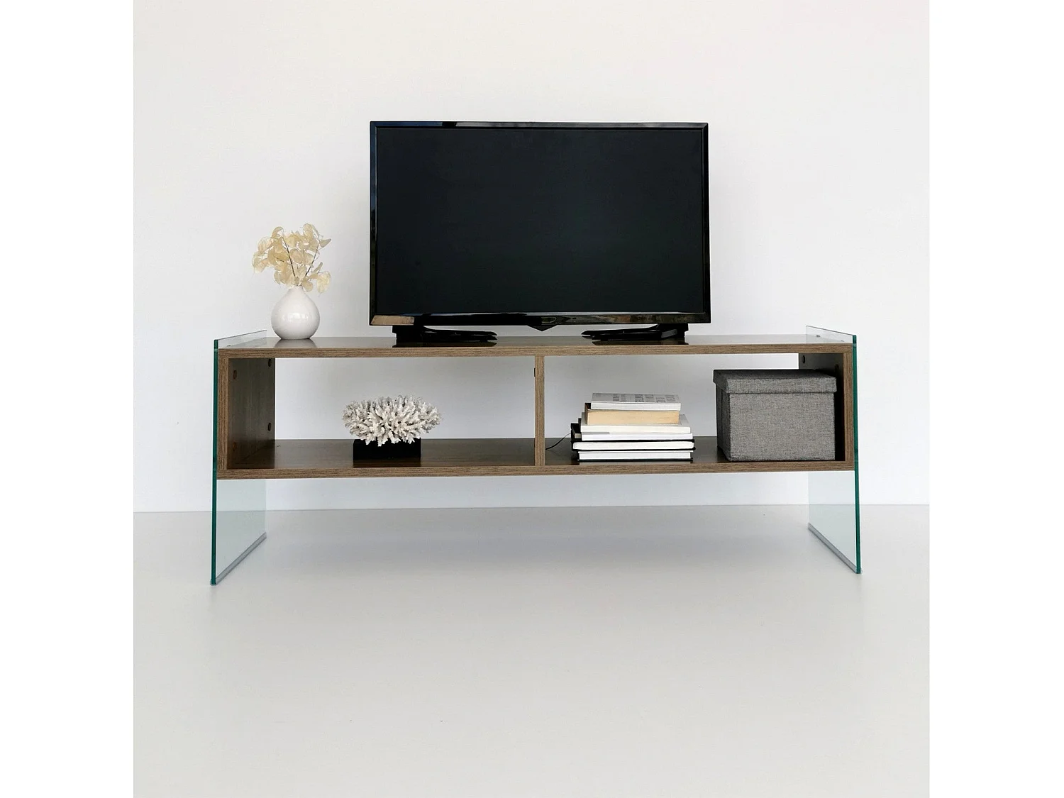 Meuble TV 2 étagères Doris L120xH35cm Bois foncé et Verre trempé Transparent