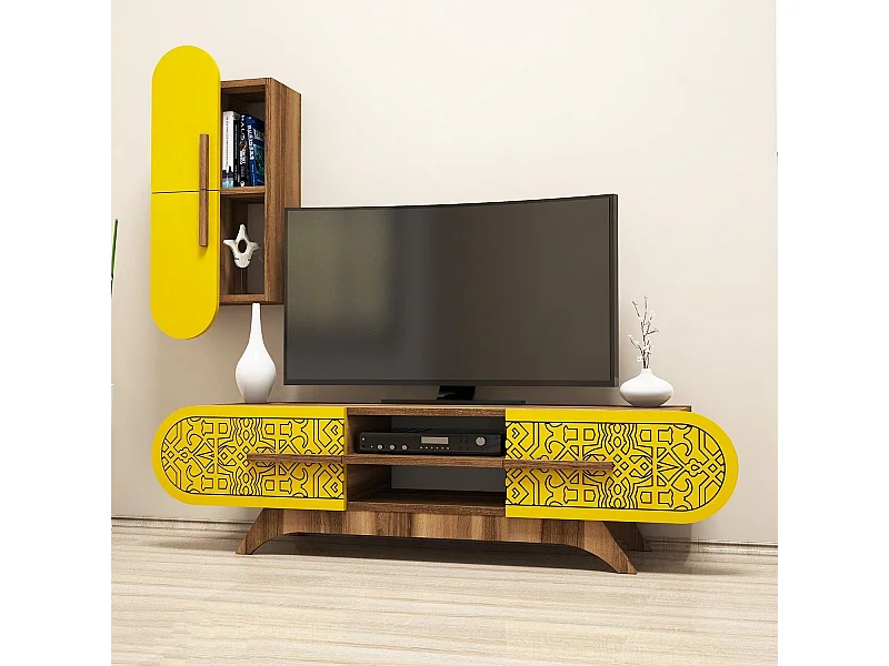 Conjunto de salón Kailua 1574, Nuez|Amarillo, Partes separadas|Con mesa de TV, 145x35cm