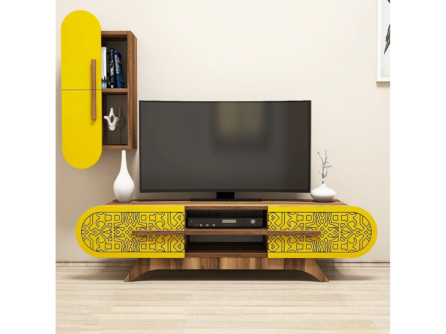 Conjunto de salón Kailua 1574, Nuez|Amarillo, Partes separadas|Con mesa de TV, 145x35cm