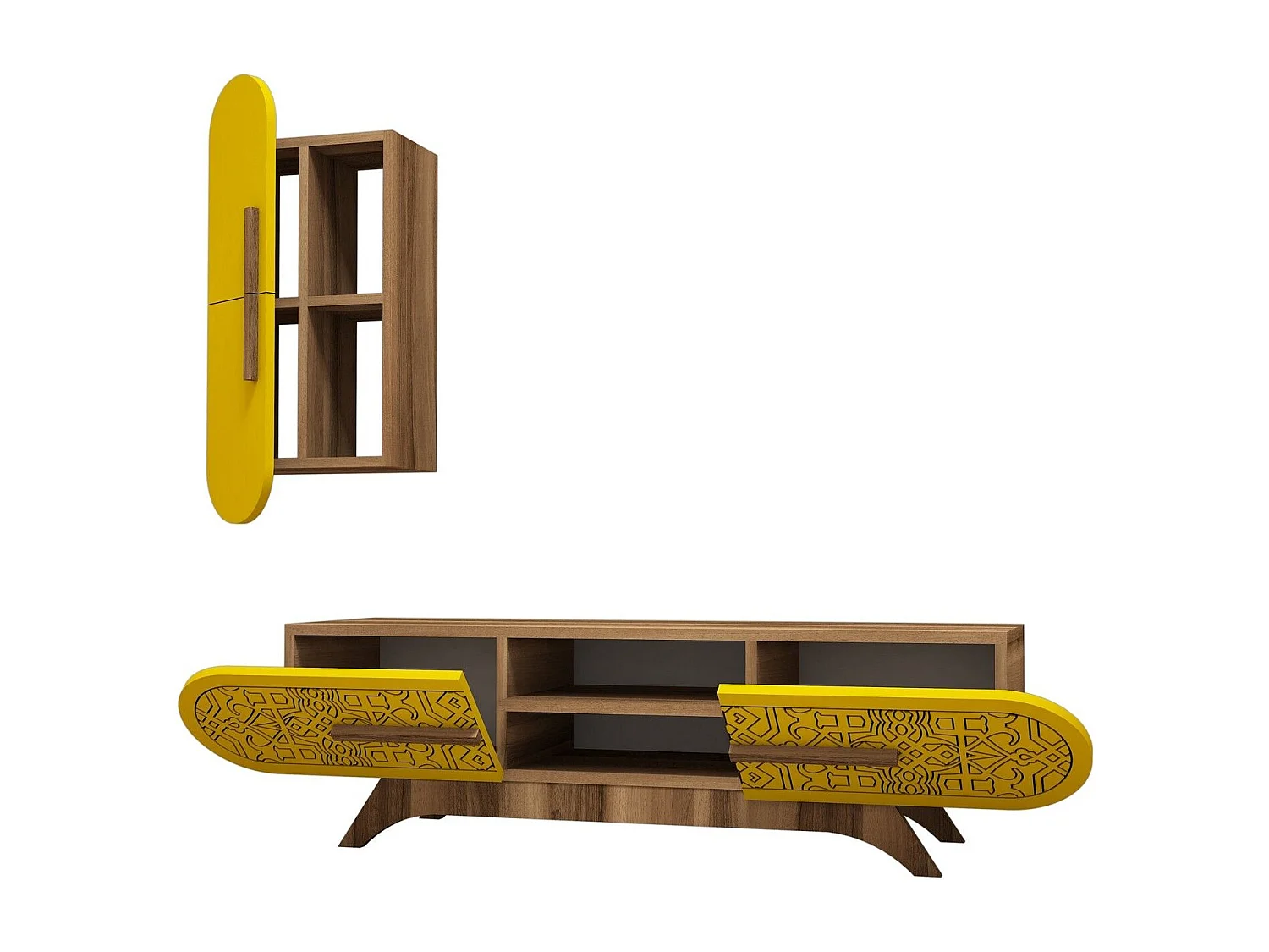 Móvel de TV – 145 x 37 x 35 cm – Nogueira e Amarelo – Melamina