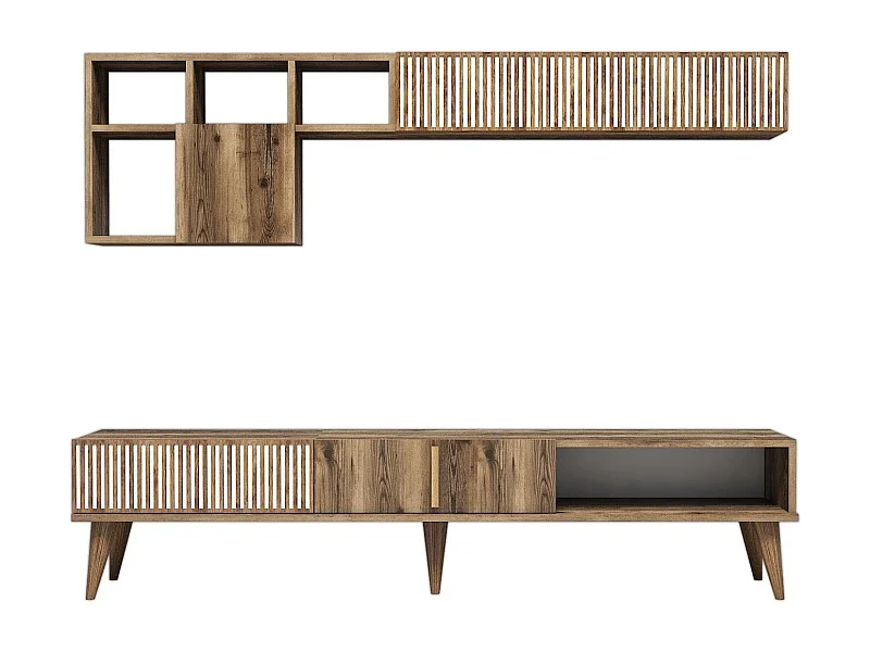 Ensemble meuble TV et étagère murale Ribera Bois Naturel et Blanc