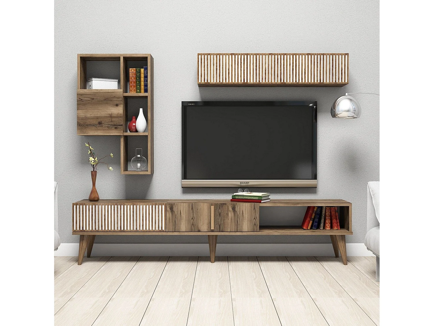 Ensemble meuble TV et étagère murale Ribera Bois Naturel et Blanc