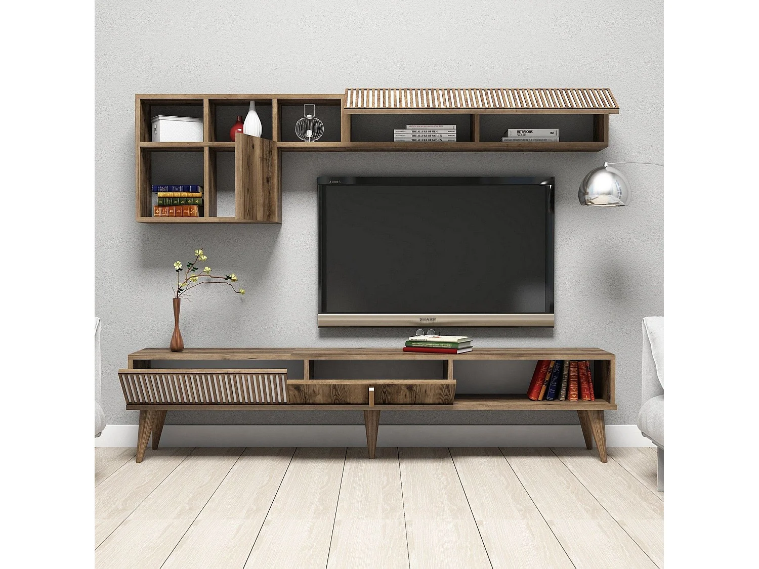 Ensemble meuble TV et étagère murale Ribera Bois Naturel et Blanc