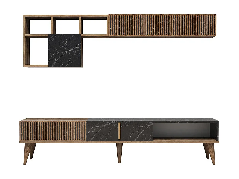 Ensemble meuble TV et étagère murale Ribera Chêne foncé et Effet marbre Noir