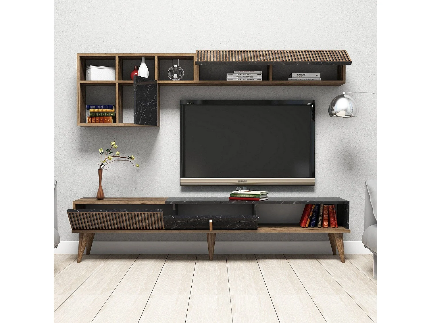 Mueble de TV moderno – 180 cm – Nogal y Negro – Aglomerado revestido de melamina