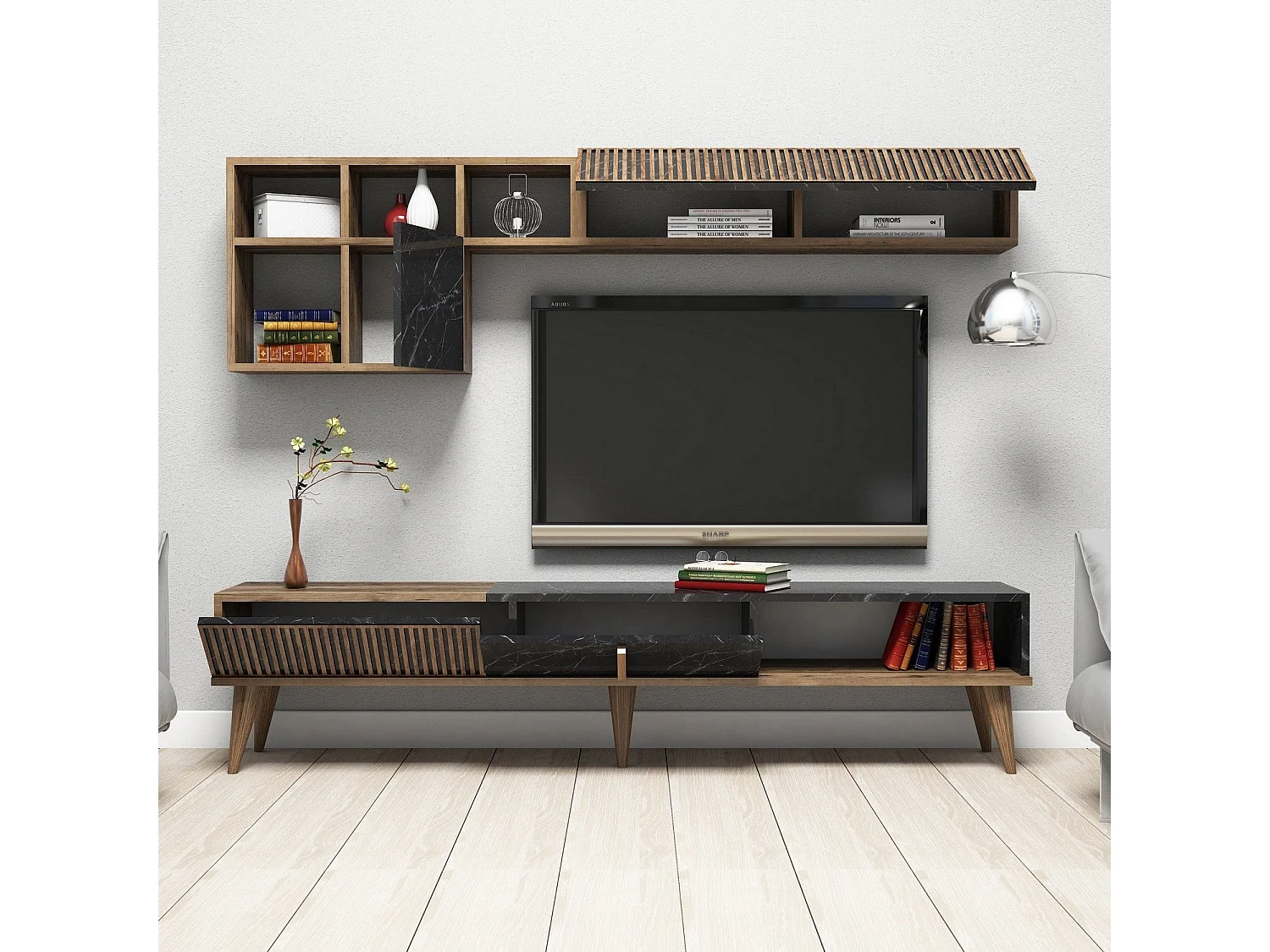 Mueble de TV moderno – 180 cm – Nogal y Negro – Aglomerado revestido de melamina
