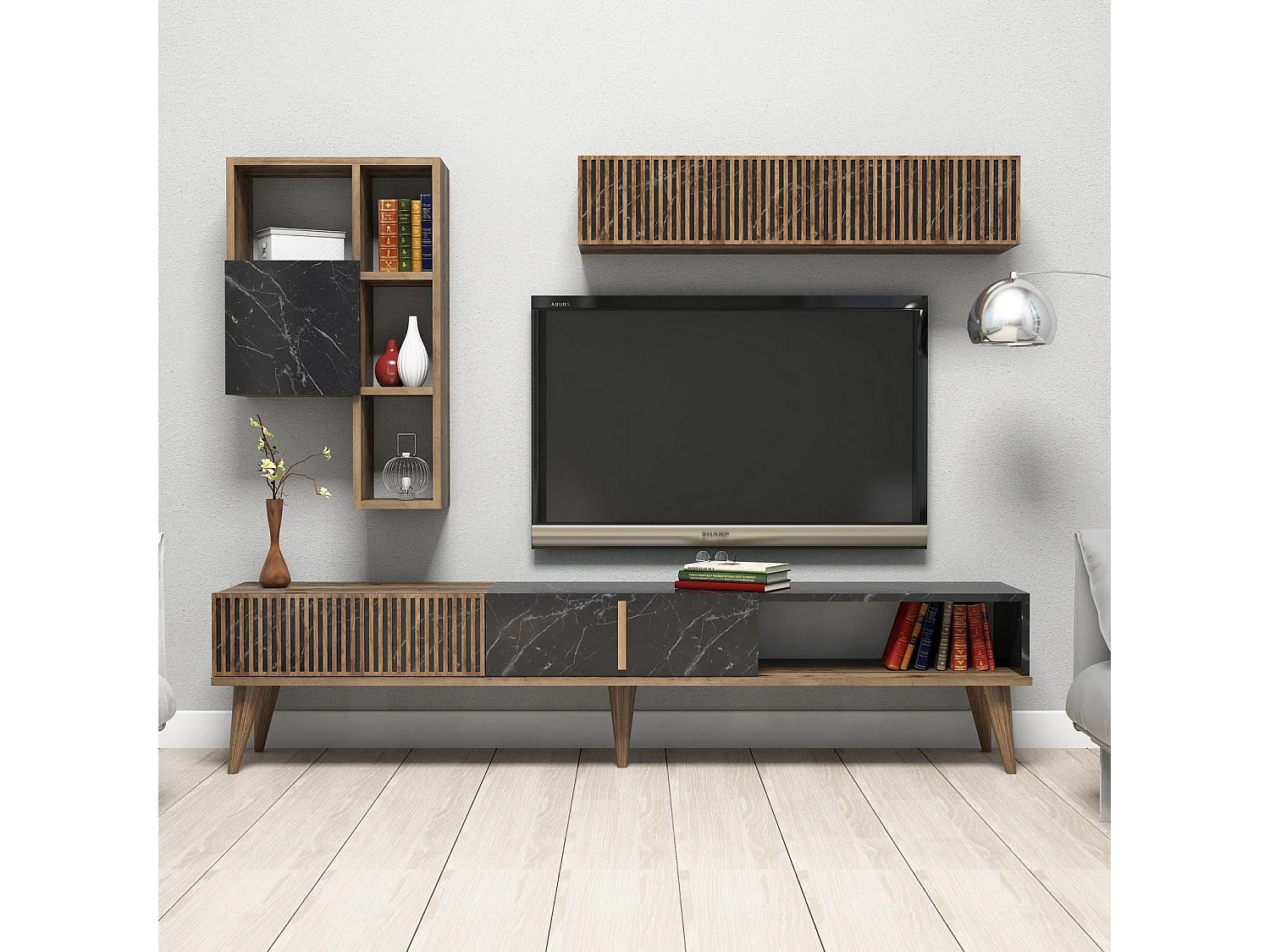 Mueble de TV moderno – 180 cm – Nogal y Negro – Aglomerado revestido de melamina