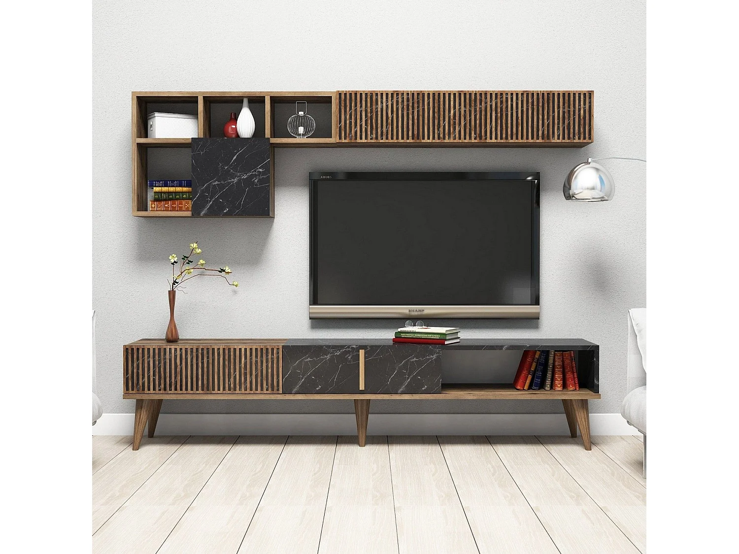 Ensemble meuble TV et étagère murale Ribera Chêne foncé et Effet marbre Noir