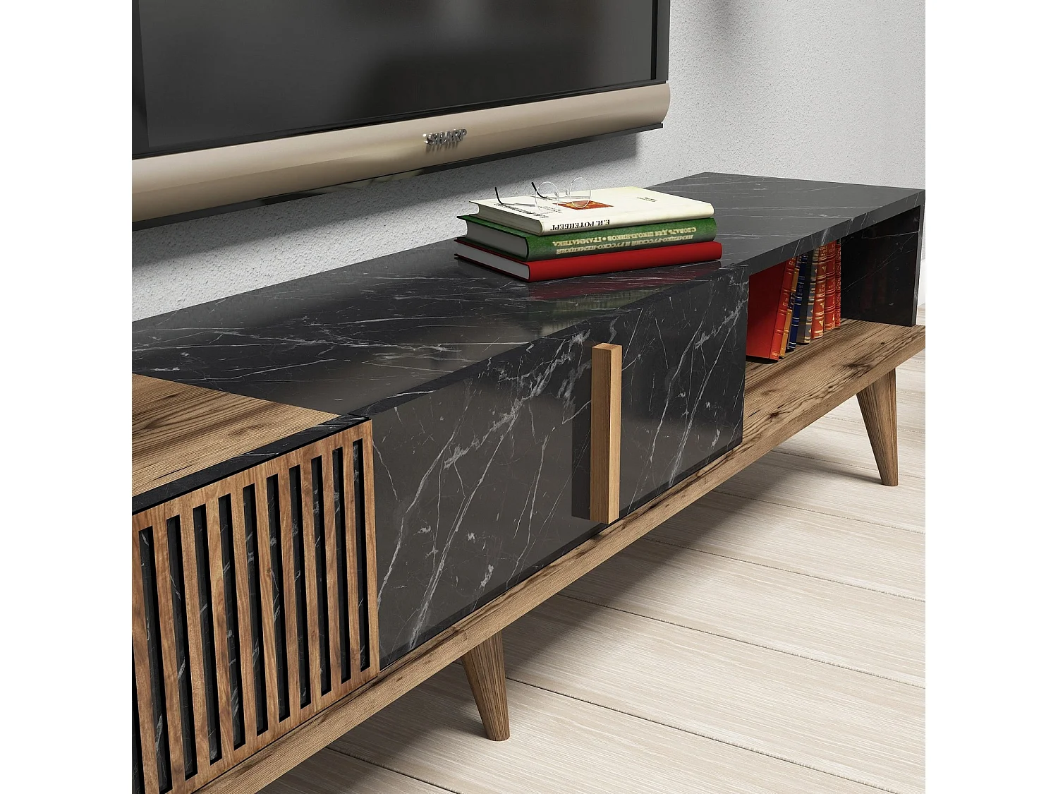 Ensemble meuble TV et étagère murale Ribera Chêne foncé et Effet marbre Noir