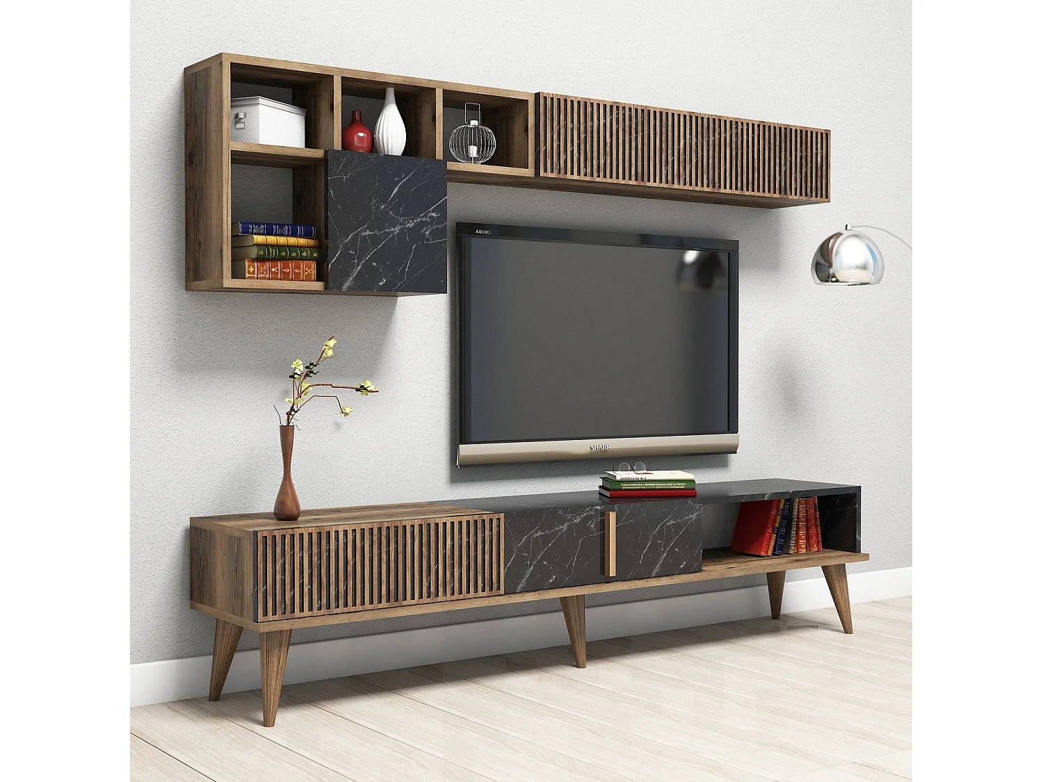 Ensemble meuble TV et étagère murale Ribera Chêne foncé et Effet marbre Noir