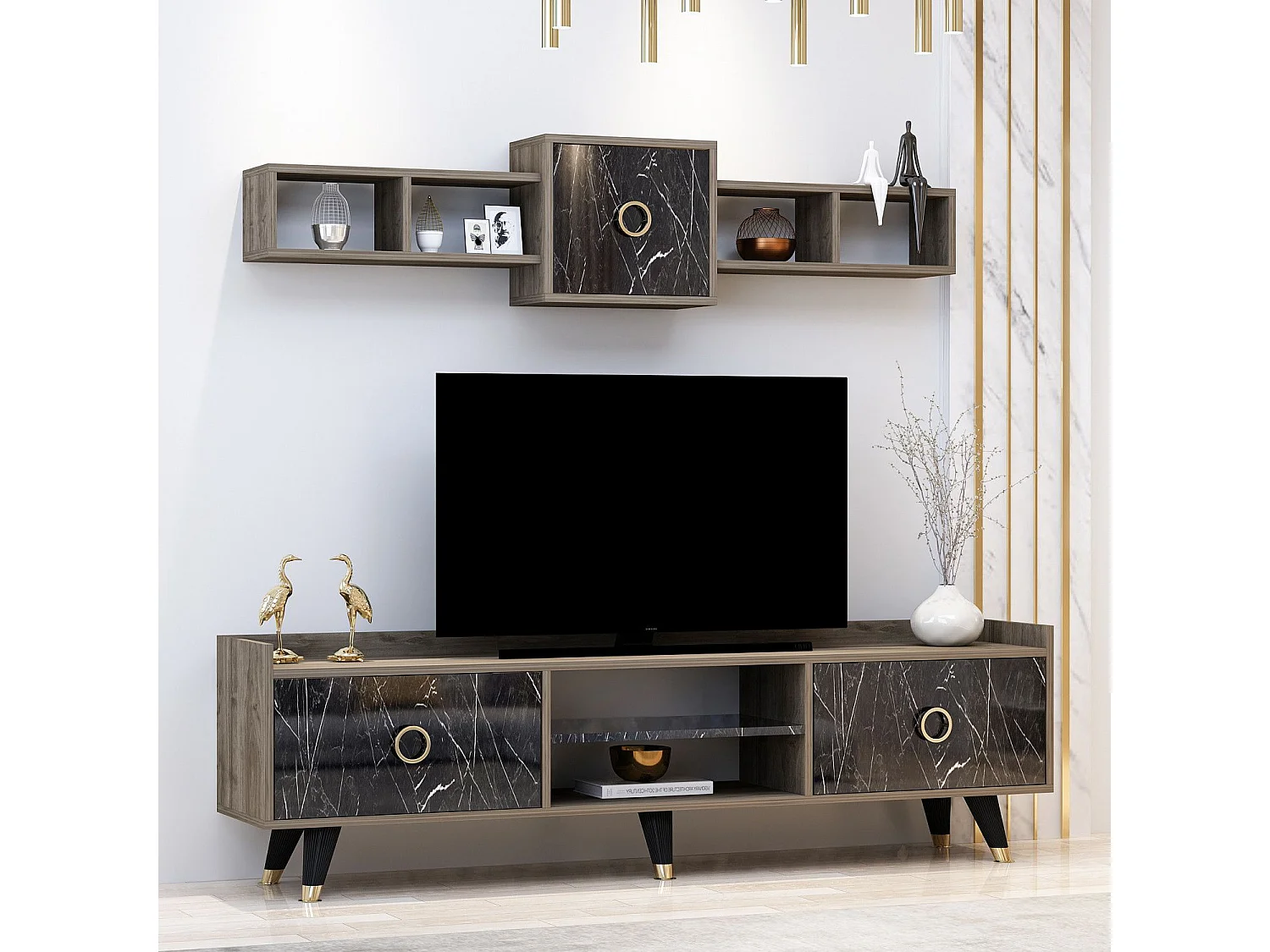 Conjunto de salón Kailua 1712, Mármol negro|Madera oscura, Aglomerado laminado, 180x35cm