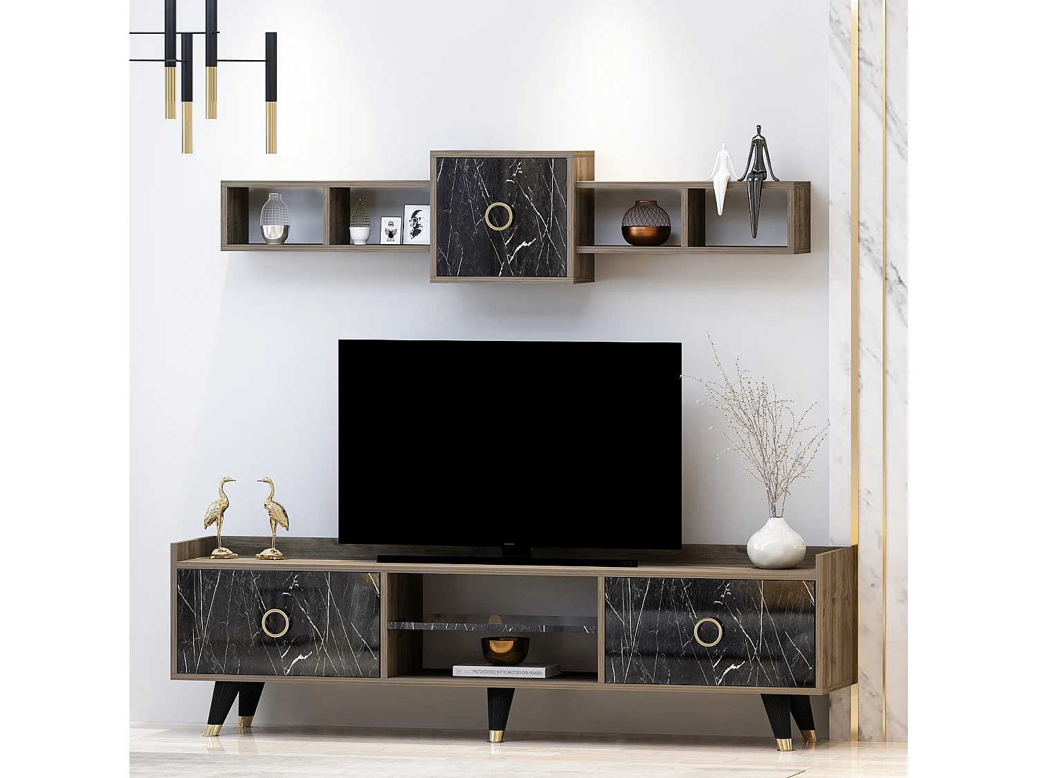 Conjunto de salón Kailua 1712, Mármol negro|Madera oscura, Aglomerado laminado, 180x35cm