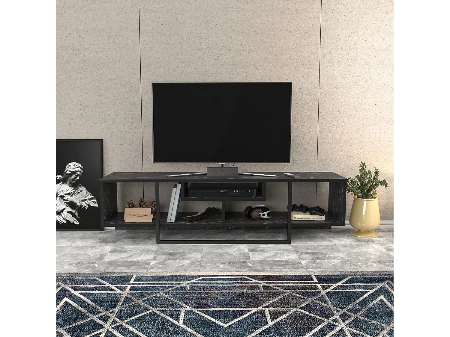 Eleganter schwarzer TV-Ständer, 150 cm breit, 35,2 cm tief, 40 cm hoch | 100 % melaminbeschichtete Spanplatte, 18 mm stark | Perfekt für moderne Wohnzimmer