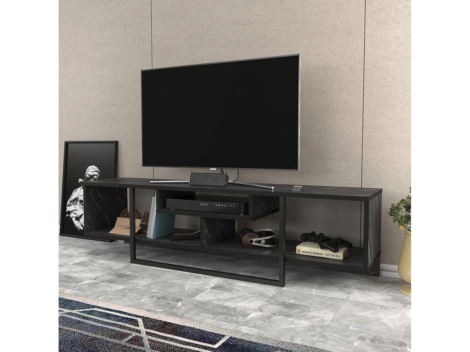 Eleganter schwarzer TV-Ständer, 150 cm breit, 35,2 cm tief, 40 cm hoch | 100 % melaminbeschichtete Spanplatte, 18 mm stark | Perfekt für moderne Wohnzimmer