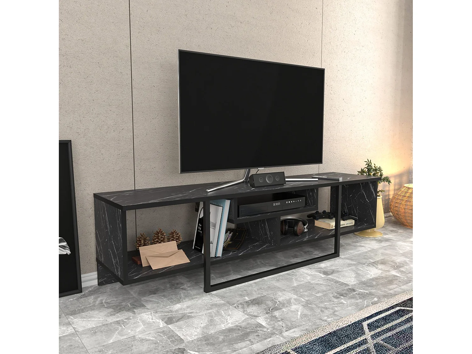 Eleganter schwarzer TV-Ständer, 150 cm breit, 35,2 cm tief, 40 cm hoch | 100 % melaminbeschichtete Spanplatte, 18 mm stark | Perfekt für moderne Wohnzimmer