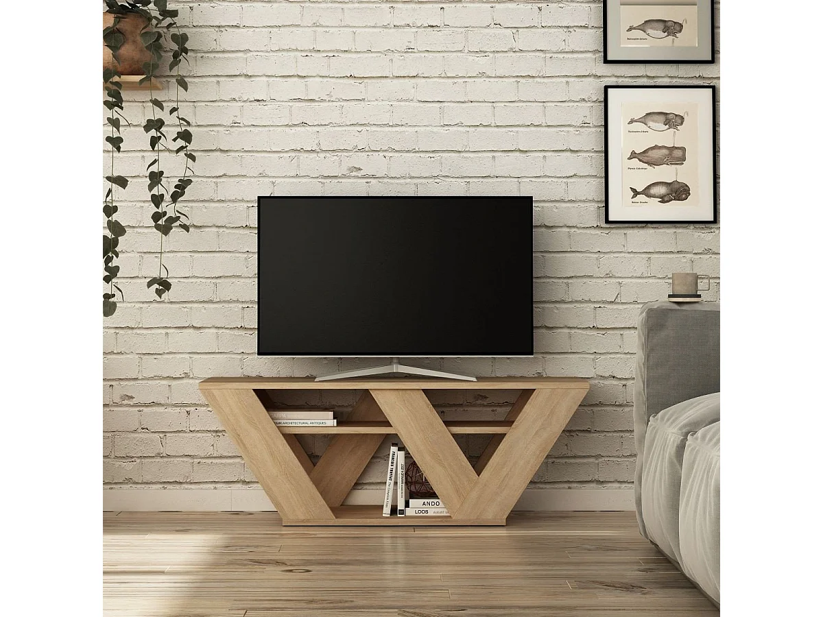 Móvel de TV moderno – 110 cm – Cor de carvalho – Painel de partículas revestido em melamina