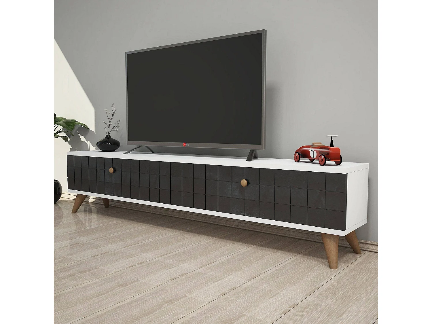 Móvel de TV – 160 cm – antracite e branco – madeira maciça e painel de partículas