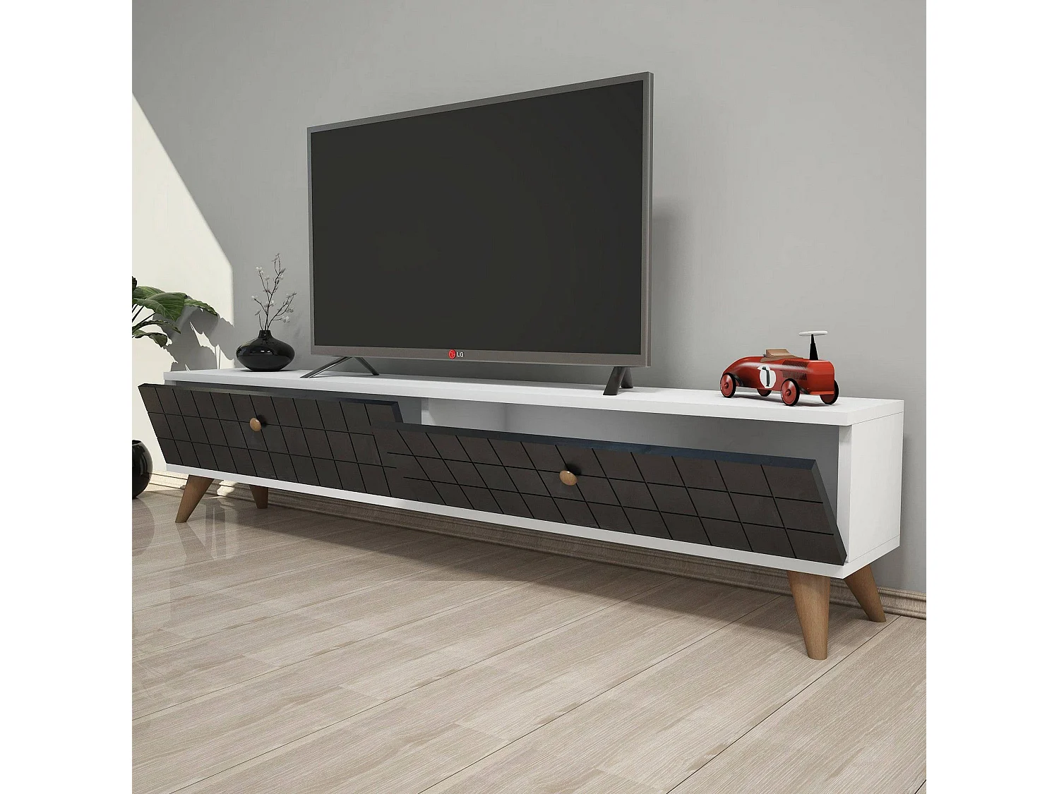 Móvel de TV – 160 cm – antracite e branco – madeira maciça e painel de partículas