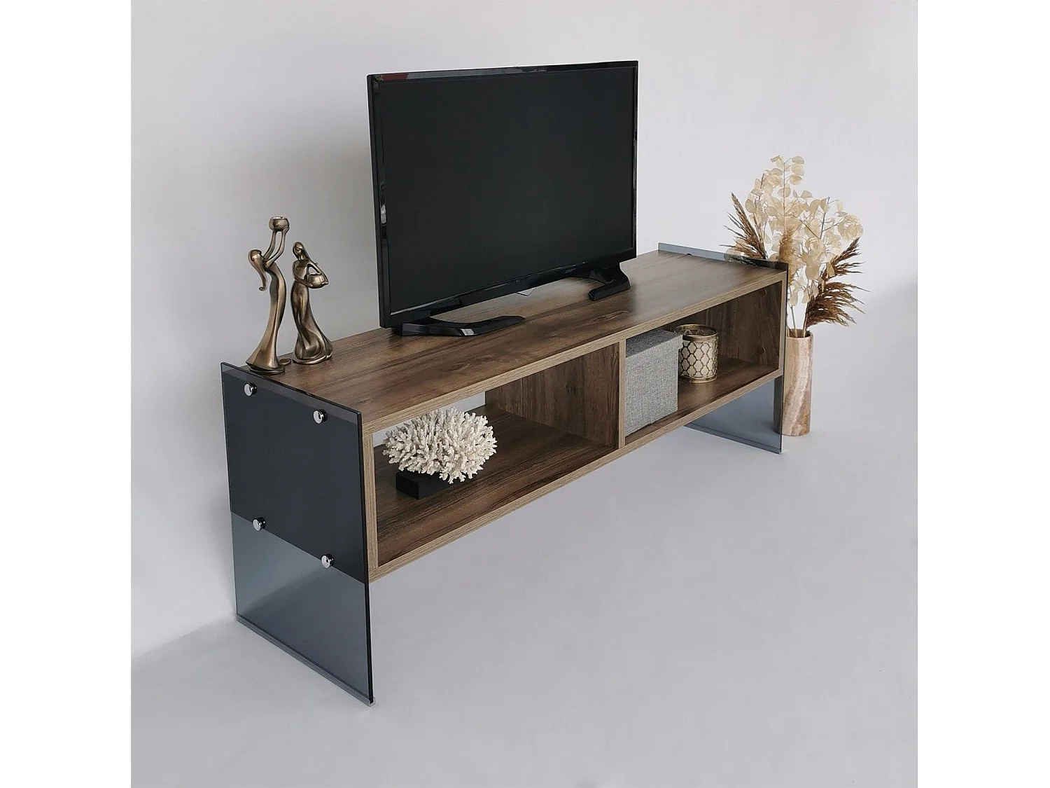 Meuble TV 2 étagères Doris L120xH35cm Bois foncé et Verre trempé Fumé Noir