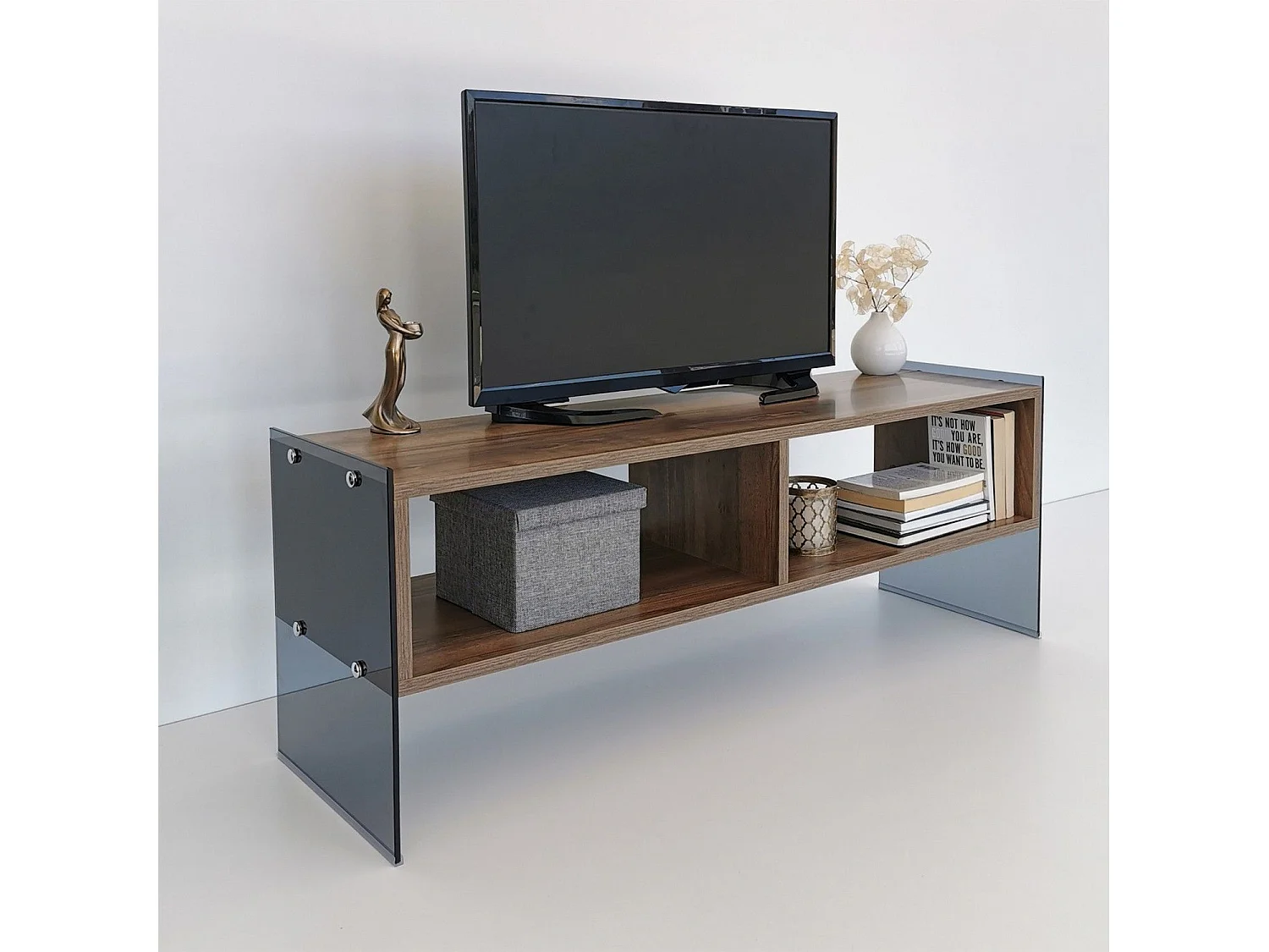 Meuble TV 2 étagères Doris L120xH35cm Bois foncé et Verre trempé Fumé Noir