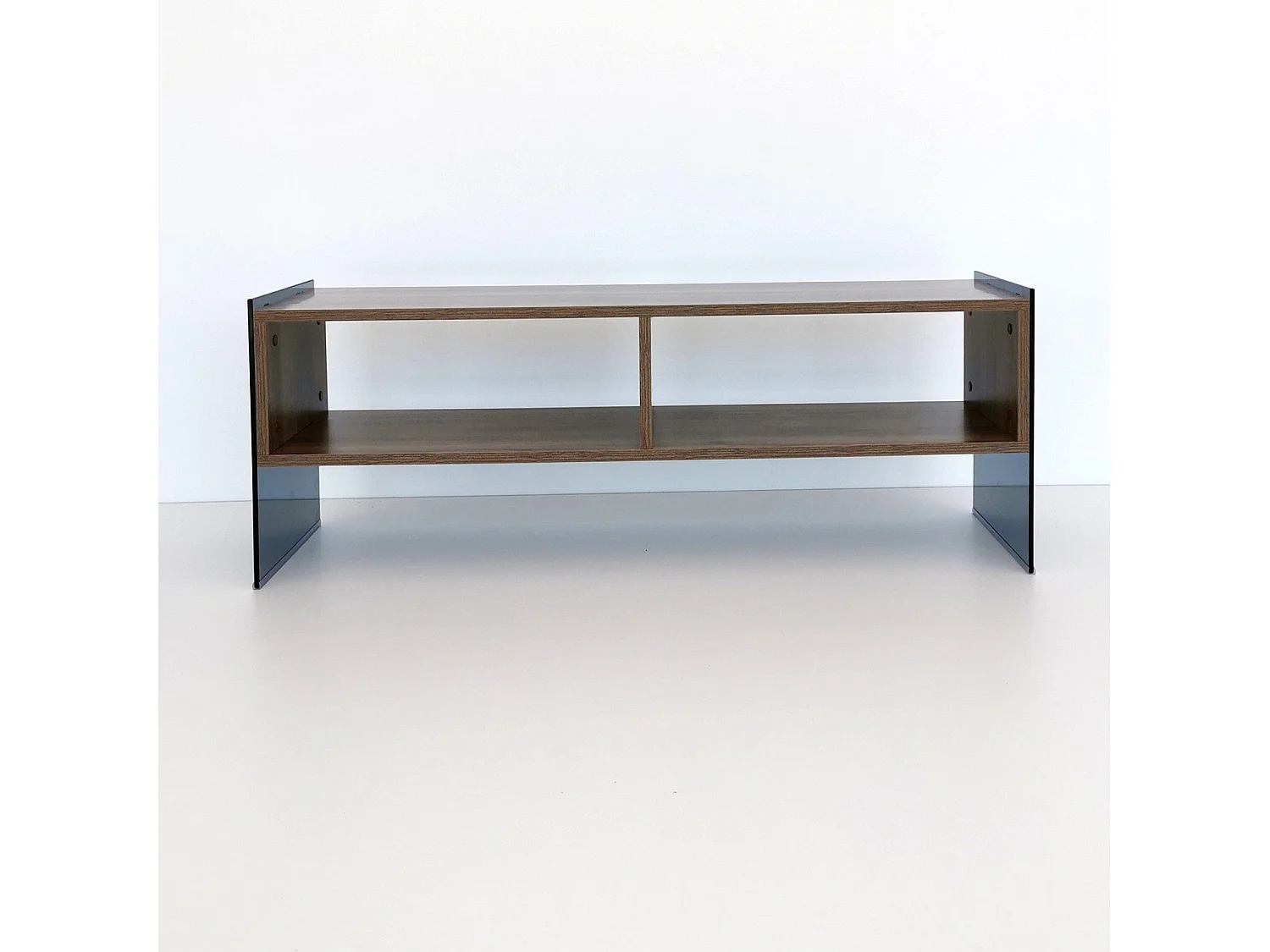 Meuble TV 2 étagères Doris L120xH35cm Bois foncé et Verre trempé Fumé Noir