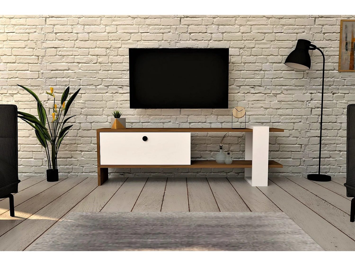 Meuble TV 1 porte kaine 120cm Bois Naturel et Blanc