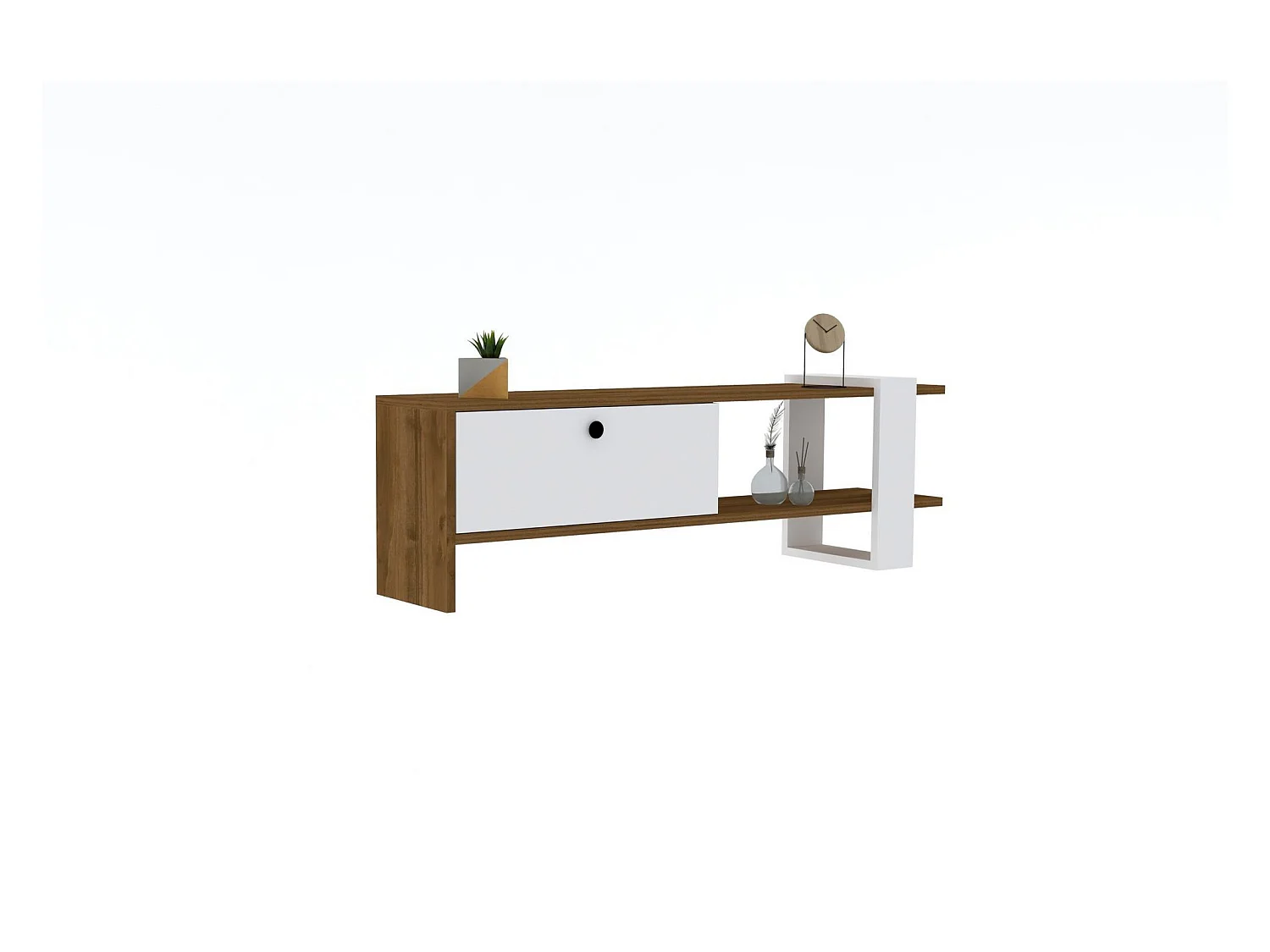 Meuble TV 1 porte kaine 120cm Bois Naturel et Blanc