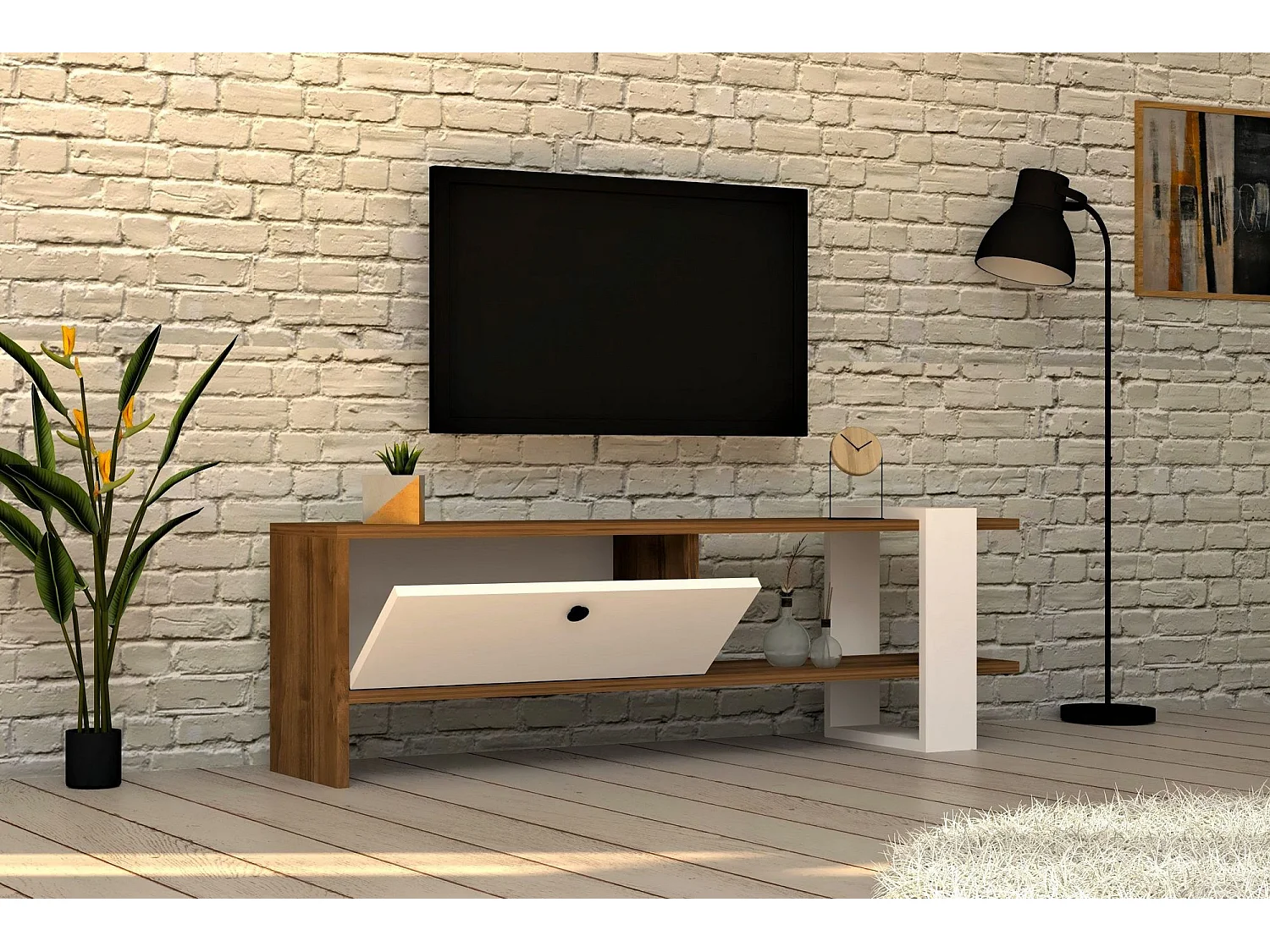 Meuble TV 1 porte kaine 120cm Bois Naturel et Blanc