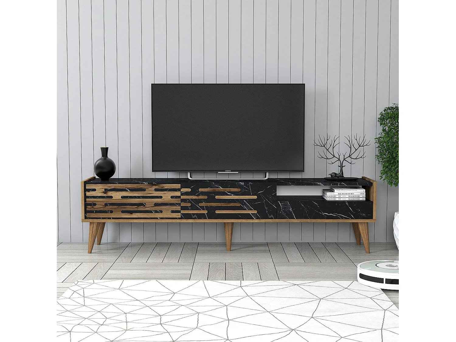Mueble de TV – 180 x 35 x 45 cm – Nogal, Negro y Mármol – Melamina