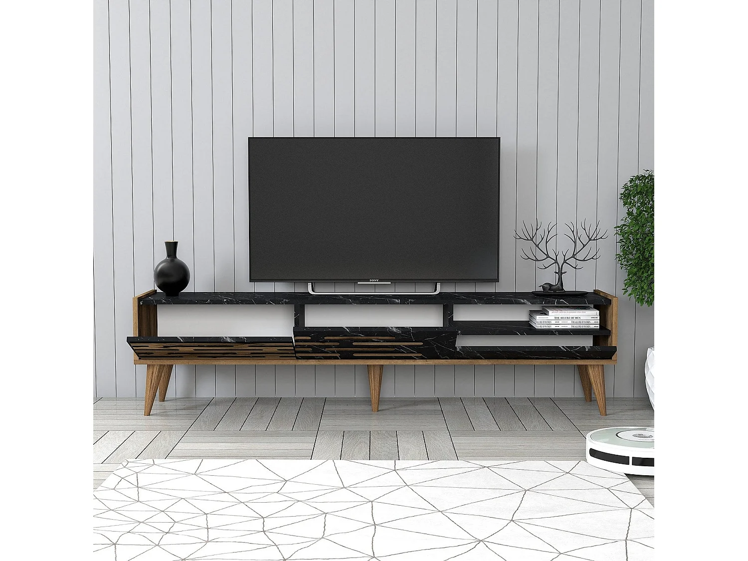 Mueble de TV – 180 x 35 x 45 cm – Nogal, Negro y Mármol – Melamina