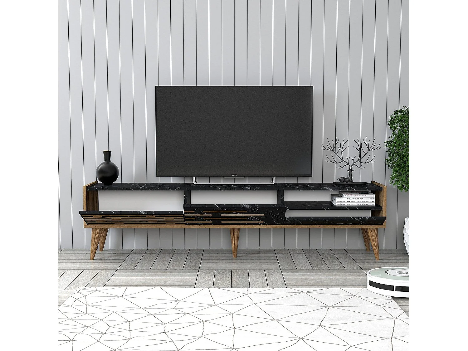 TV-Ständer – 180 x 35 x 45 cm – Walnuss, Schwarz und Marmor – Melamin