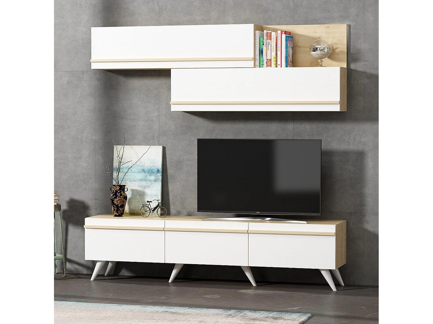 Mueble de TV – 180 cm x 42 cm x 35 cm – Blanco y Zafiro – Tablero de Partículas