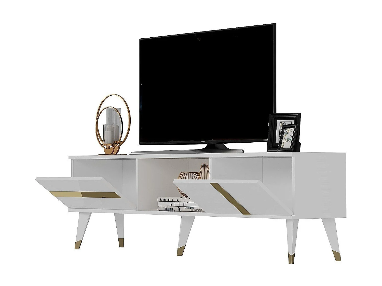 Mesa de tv Kailua 1871, Dorado|Blanco, 150x50x30cm
