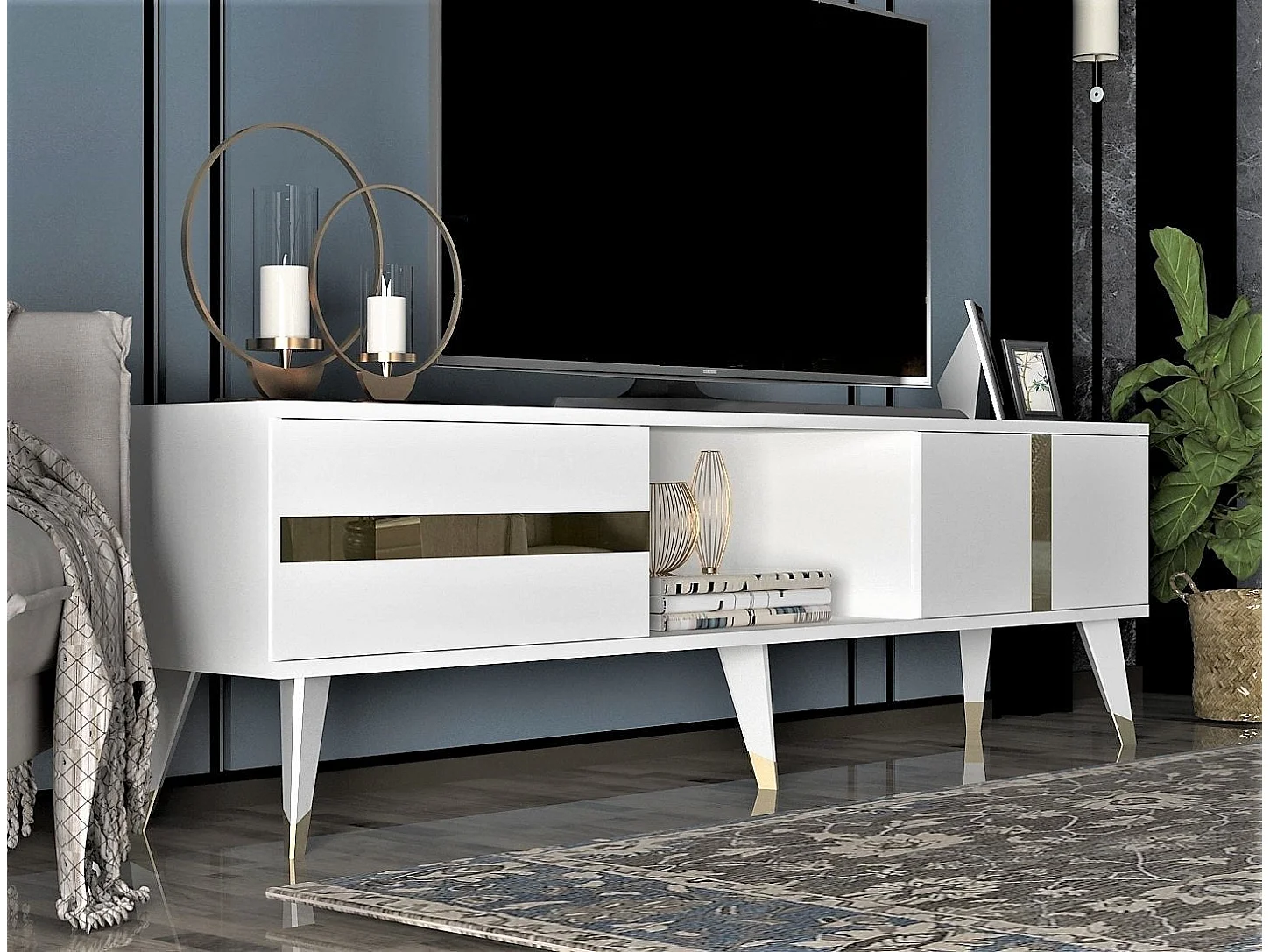 Mesa de tv Kailua 1871, Dorado|Blanco, 150x50x30cm