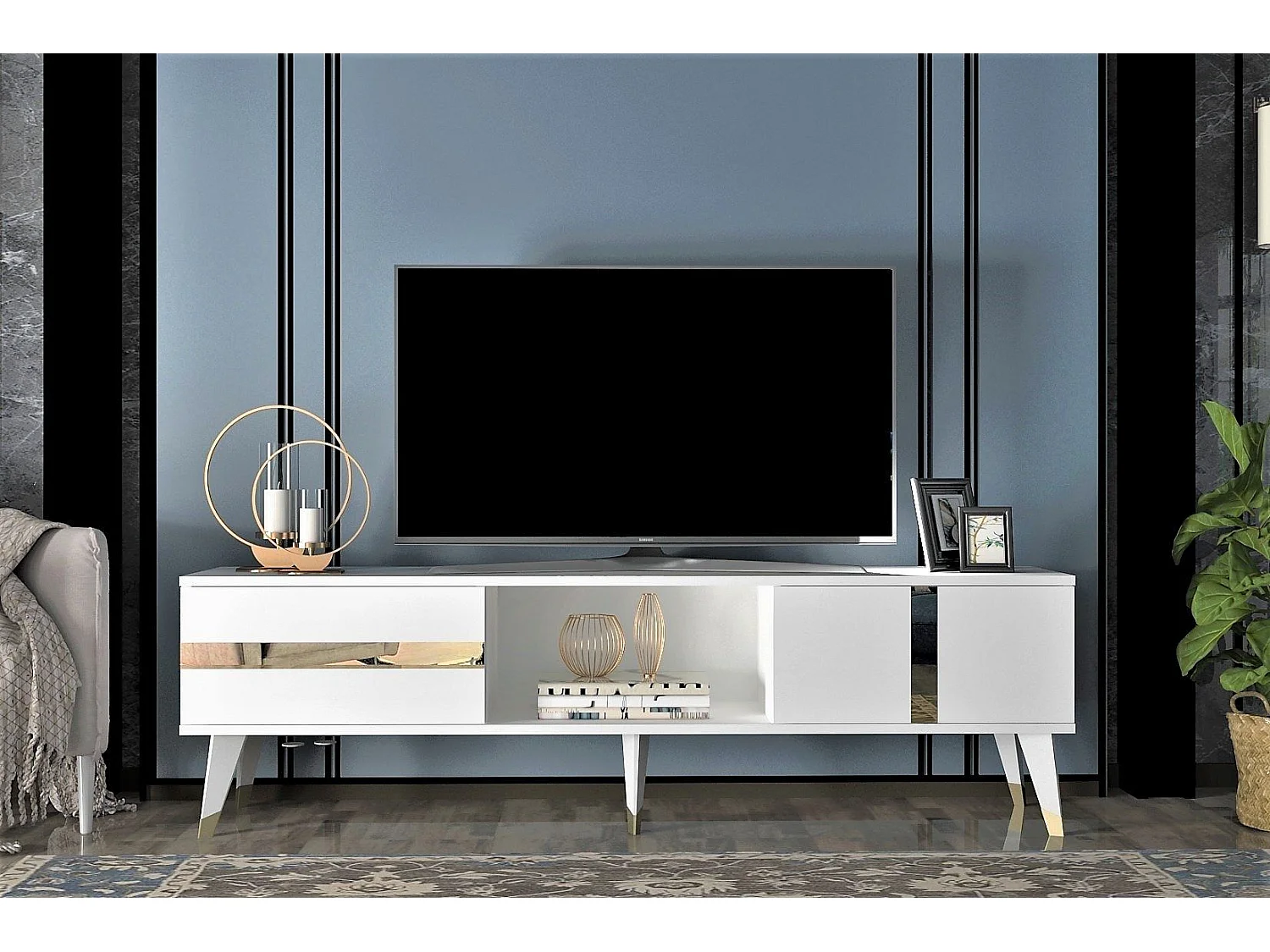 TV-standaard – 150 cm x 29,6 cm x 50 cm – Wit en goud – Melamine