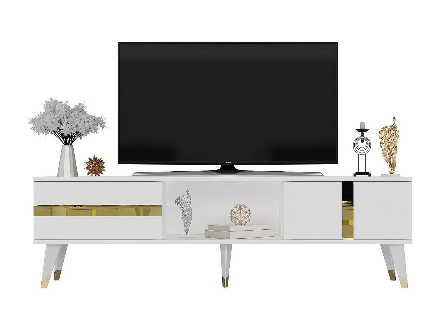 TV-standaard – 150 cm x 29,6 cm x 50 cm – Wit en goud – Melamine