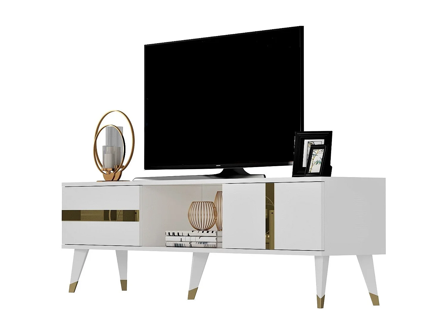 TV-standaard – 150 cm x 29,6 cm x 50 cm – Wit en goud – Melamine