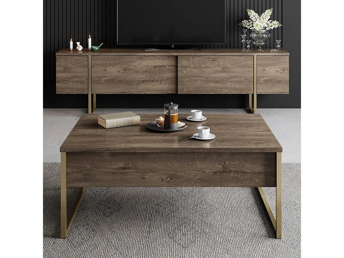 Modern Scandinavian TV Stand - Walnut and Gold - 180 x 30 x 50 cm - Metal Legs