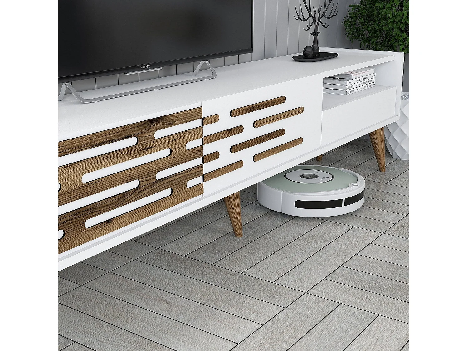 TV-Ständer – 180 cm breit – Weiß – Melamin