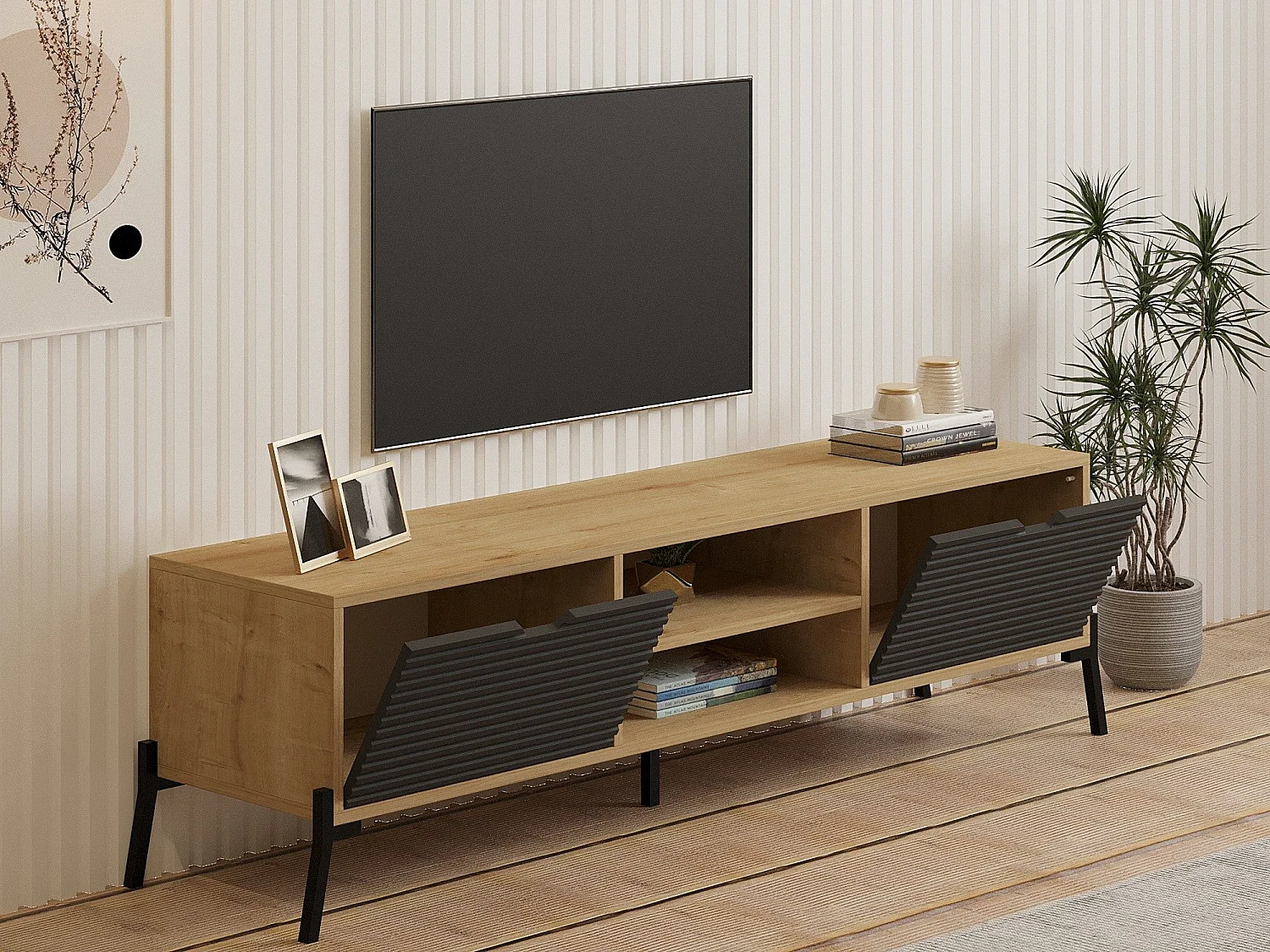 Mueble de TV – 160 cm – Roble zafiro y antracita – Melamina