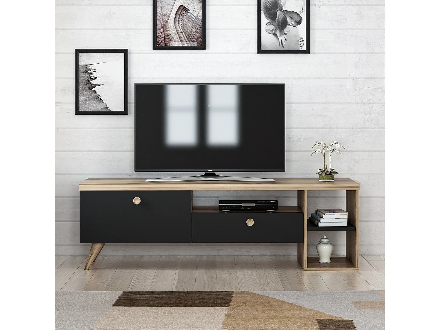 Meuble TV design Abidas L150cm Chêne clair et Noir