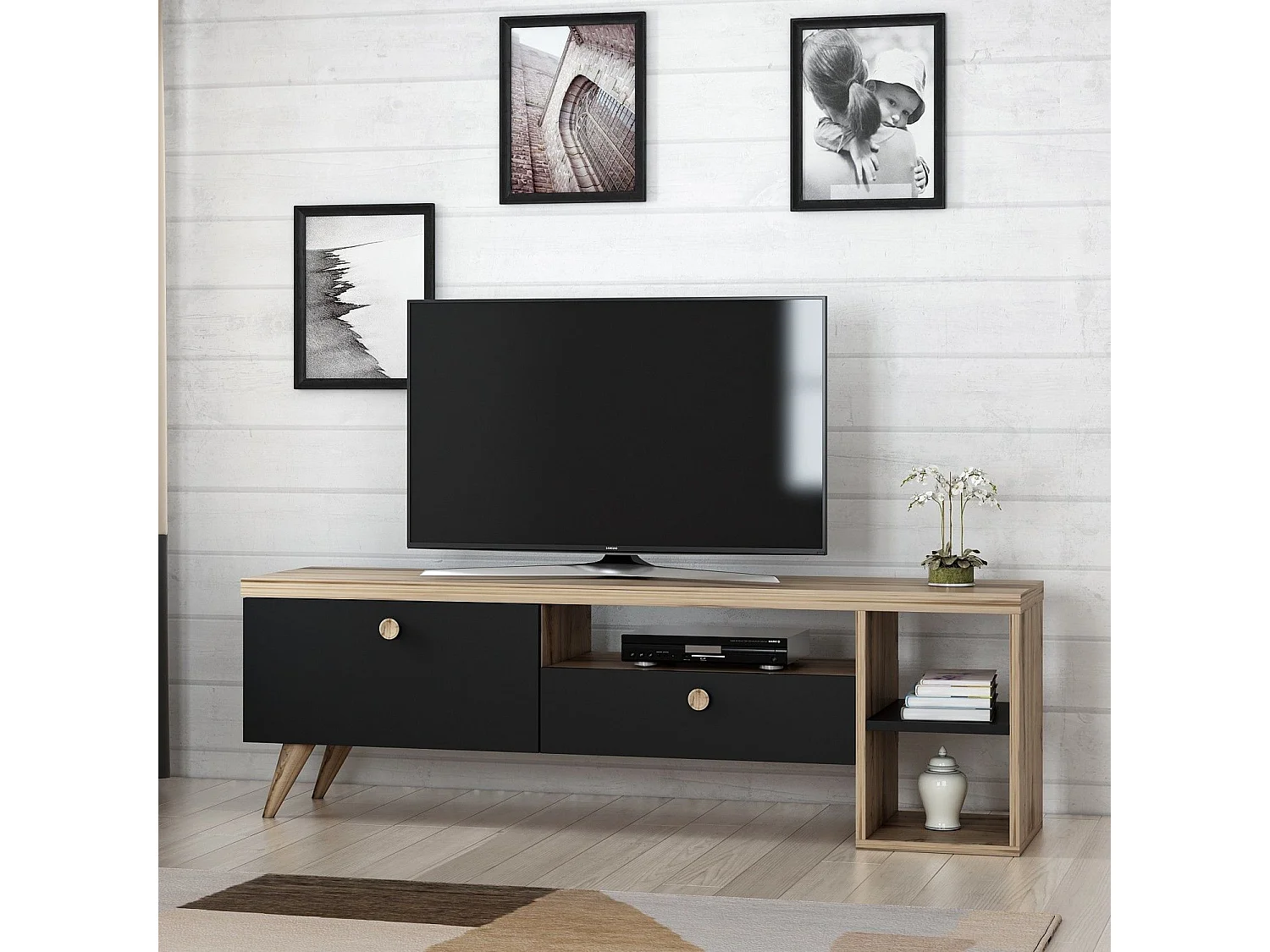 Móvel de TV escandinavo – 150 cm – Preto e Carvalho – Painel de partículas revestido a melamina
