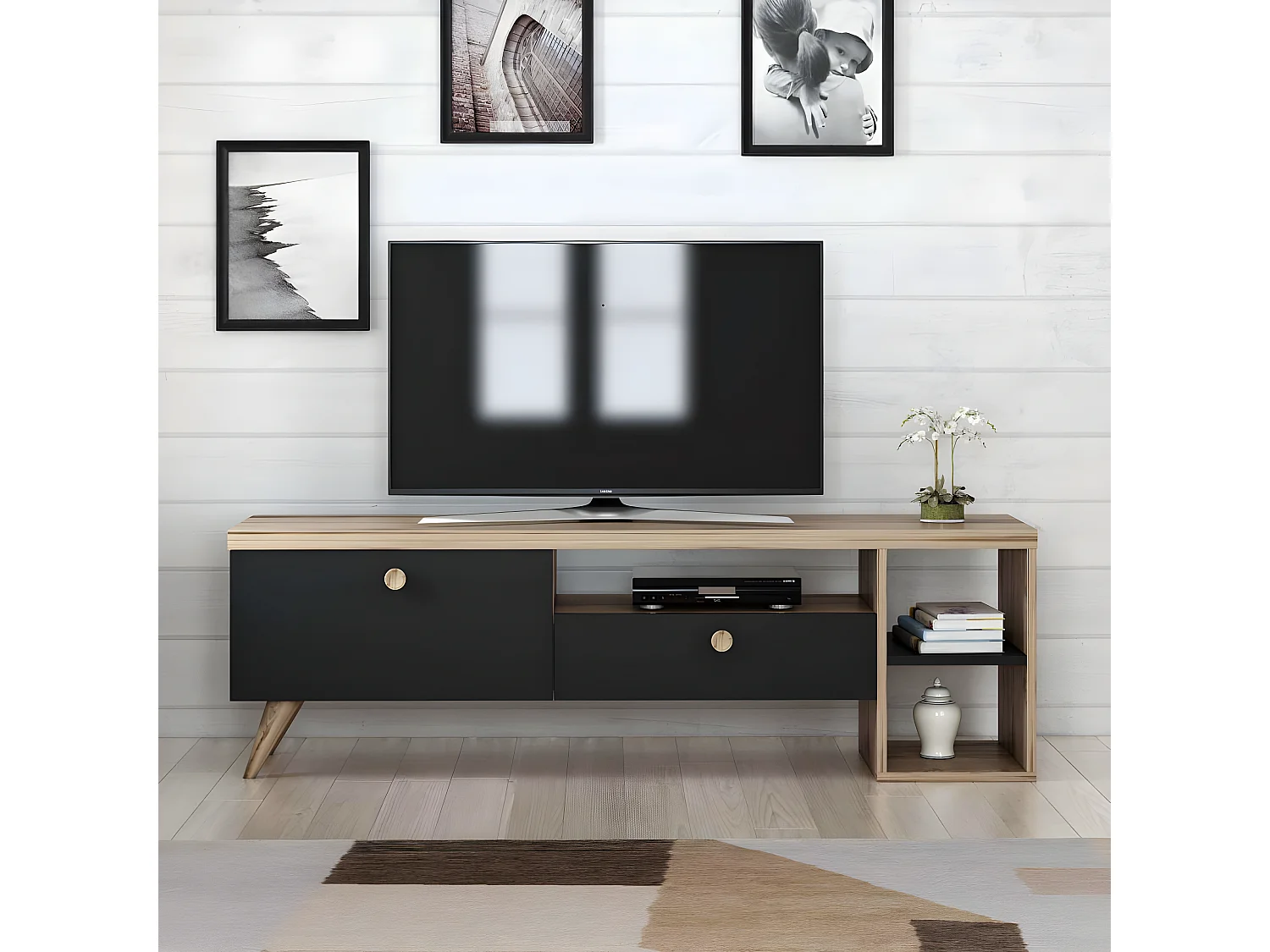 Móvel de TV escandinavo – 150 cm – Preto e Carvalho – Painel de partículas revestido a melamina