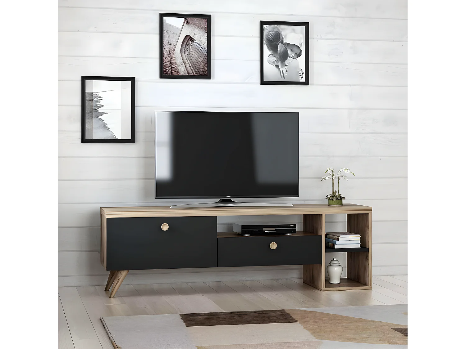 Móvel de TV escandinavo – 150 cm – Preto e Carvalho – Painel de partículas revestido a melamina