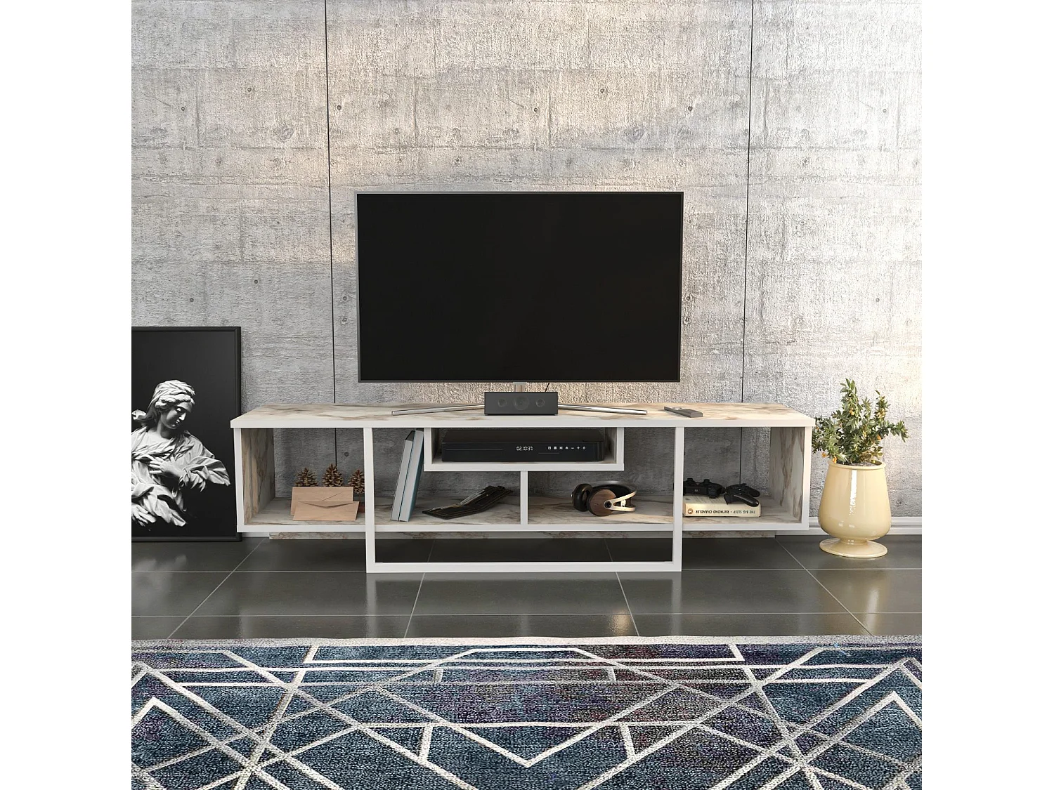 Skandinavischer TV-Ständer, weiß, 150 cm x 35,2 cm x 40 cm | 100 % melaminbeschichtete Spanplatte, 18 mm stark | Stilvoll und funktional für moderne Wohnzimmer