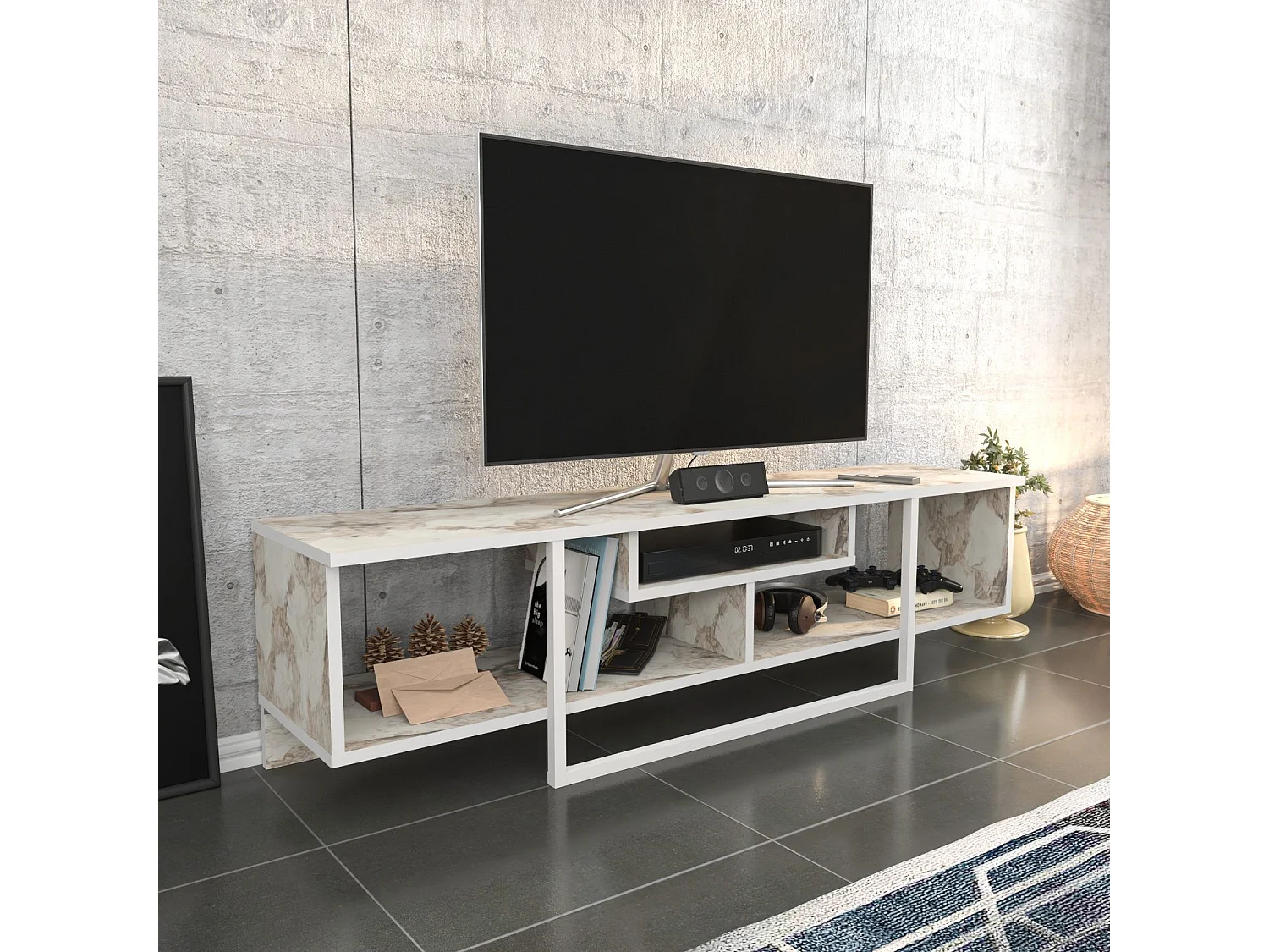 Skandinavischer TV-Ständer, weiß, 150 cm x 35,2 cm x 40 cm | 100 % melaminbeschichtete Spanplatte, 18 mm stark | Stilvoll und funktional für moderne Wohnzimmer